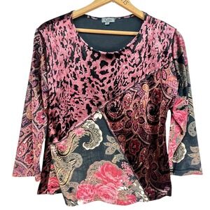 Caia Womens Patchwork Velvet Burnout Animal Paisley Floral Top Pink Black‎ Large